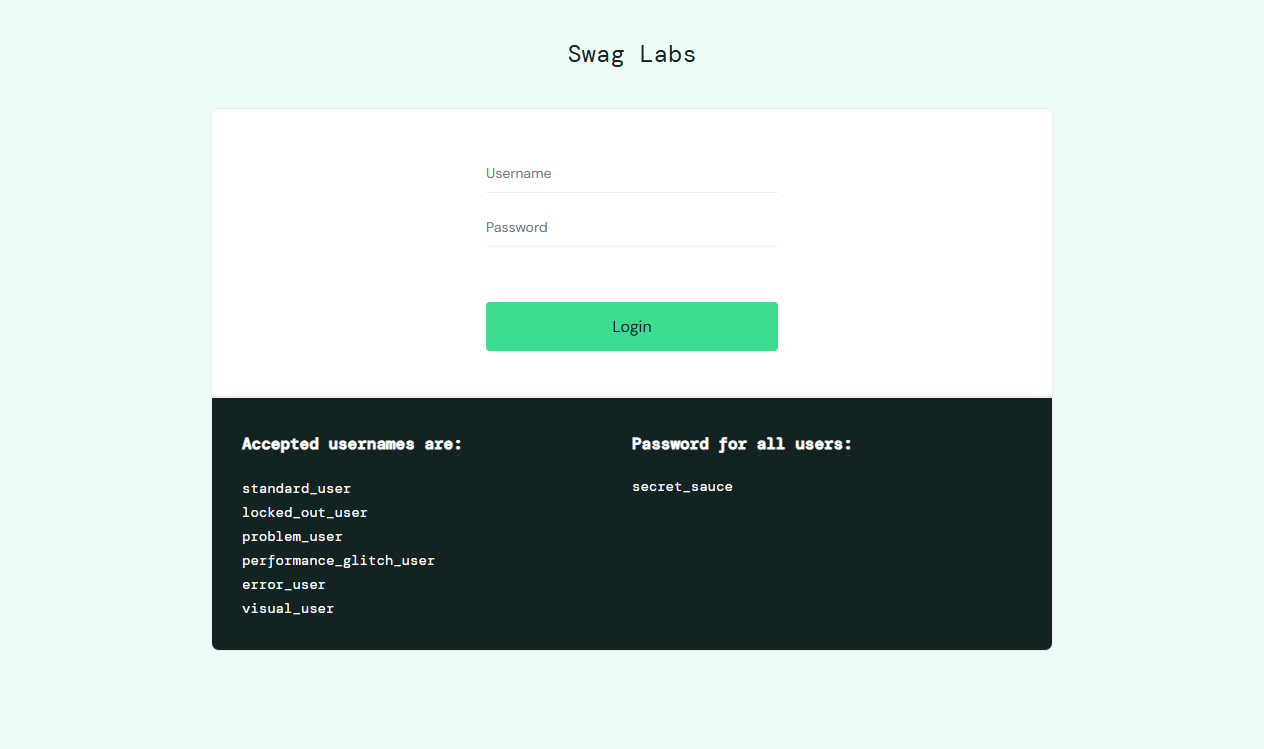 The SauceDemo login page, used for the Page Object Model examples and the capstone