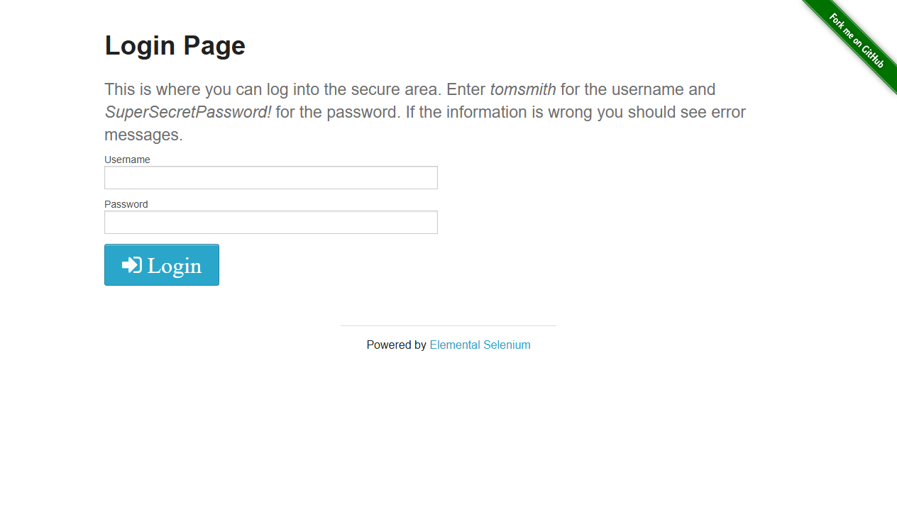The practice login page at the-internet.herokuapp.com, used throughout this course