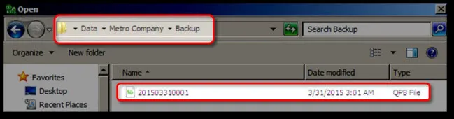The Open dialog showing the Backup folder for a company and a backup file dated 3/31/2015