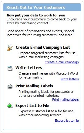 The Reach Out to Your Customers box with options to create an email campaign list, write letters, print mailing labels and export a list to a file