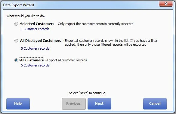 The Data Export Wizard asking whether to export selected customers, all displayed customers or all customers