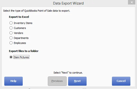The Data Export Wizard with the Item Pictures option selected under Export files to a folder