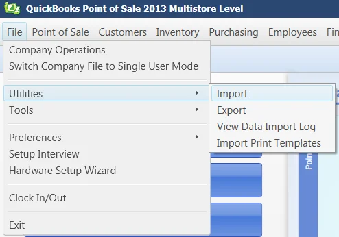 The File menu with Utilities expanded to show Import, Export, View Data Import Log and Import Print Templates