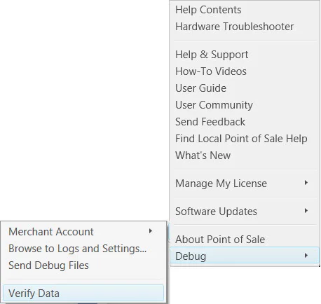 The Help menu with Debug expanded to show Merchant Account, Browse to Logs and Settings, Send Debug Files and Verify Data