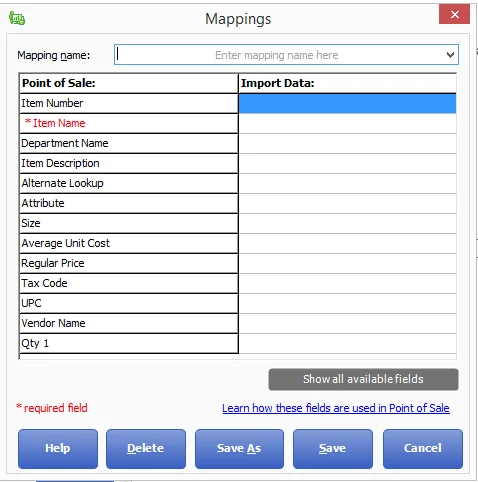 The Mappings screen listing Point of Sale fields such as Item Number, Item Name, Department Name and Regular Price, with a column for your import data