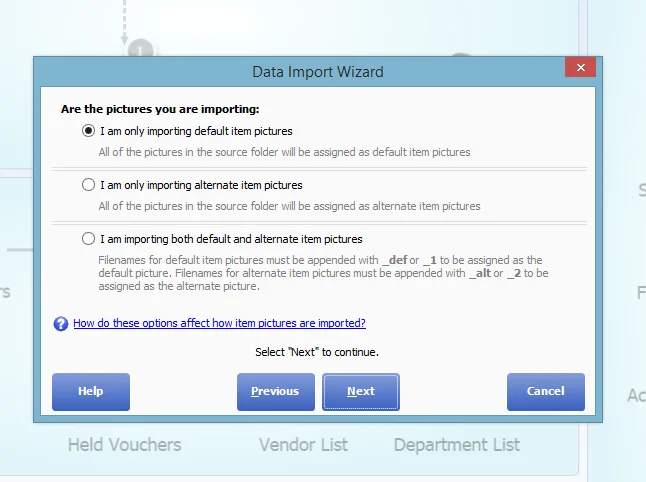 The Data Import Wizard asking whether the pictures are default only, alternate only, or both, with the _def, _1, _alt and _2 file name rules