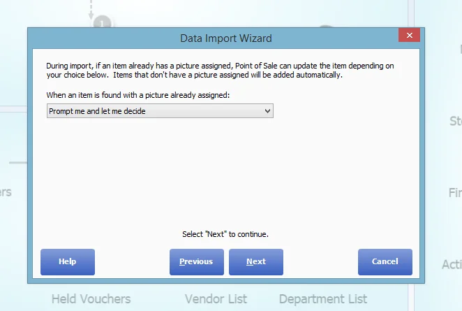 The Data Import Wizard asking what to do when an item already has a picture, set to Prompt me and let me decide
