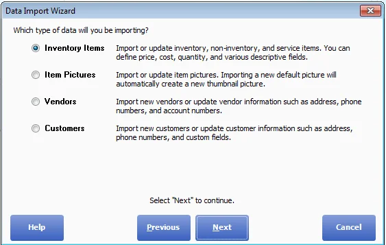 The Data Import Wizard asking which type of data to import: Inventory Items, Item Pictures, Vendors or Customers