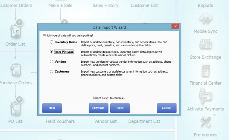 The Data Import Wizard asking which type of data to import, with Item Pictures selected