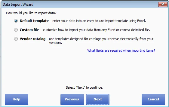 The Data Import Wizard asking how to import data: Default template, Custom file or Vendor catalog