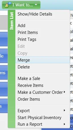 The I Want To menu on the Item List with Merge highlighted
