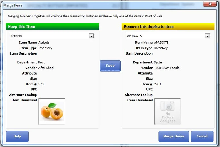 The Merge Items window comparing two items named Apricots, with Keep this Item on the left, Remove this duplicate item on the right and a Swap button