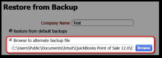 The Restore from Backup screen in Point of Sale with the "Browse to alternate backup file" option selected